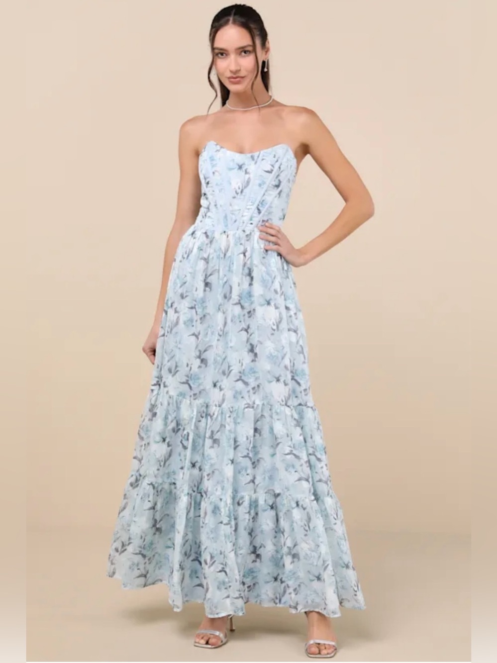 Lulu's Powder Blue Strapless Floral Maxi Dress